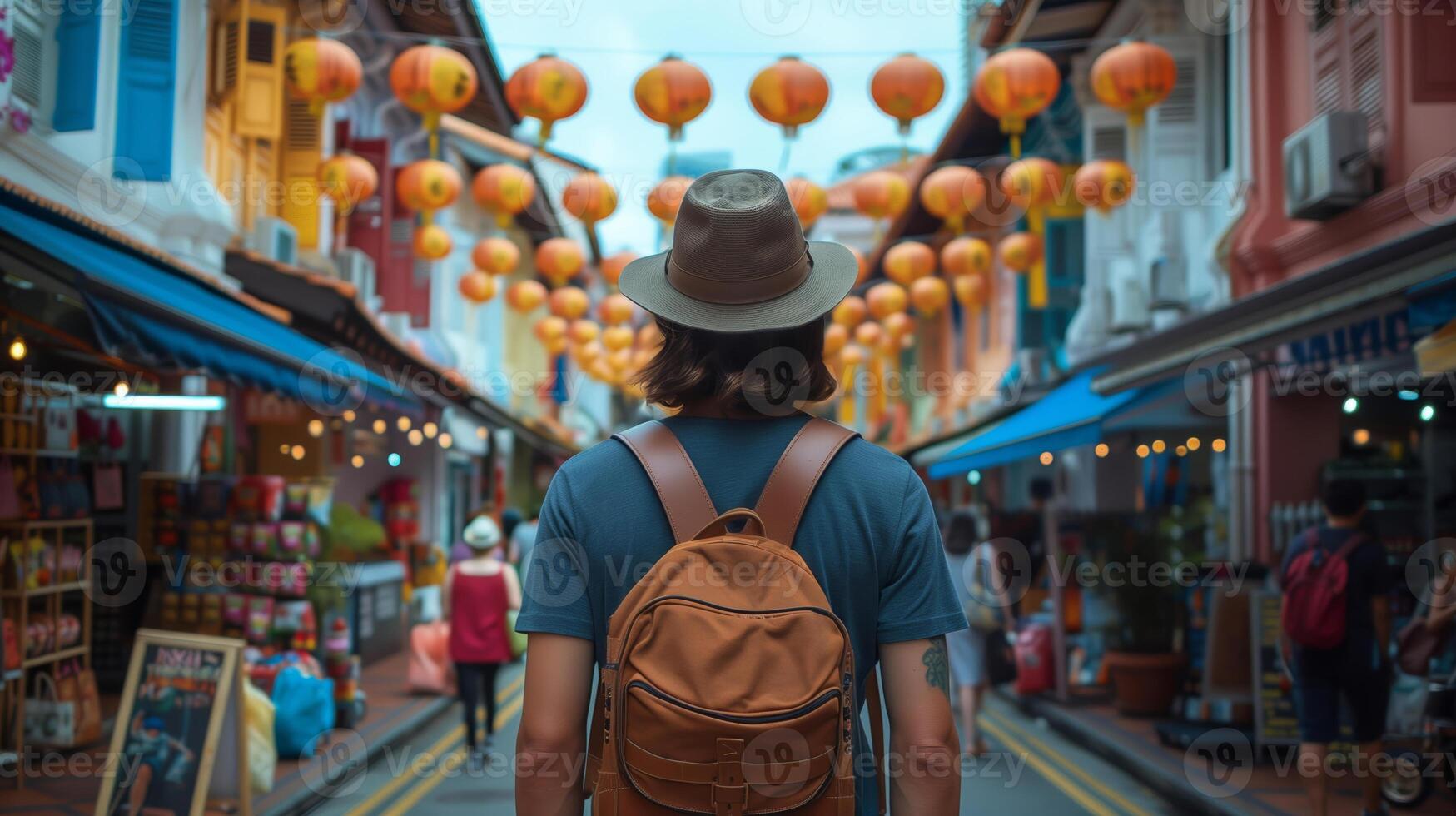 AI generated A traveler with a leather backpack stands amidst a vibrant street decorated with Chinese lanterns, embodying the cultural ambiance of a festive Asian marketplace photo