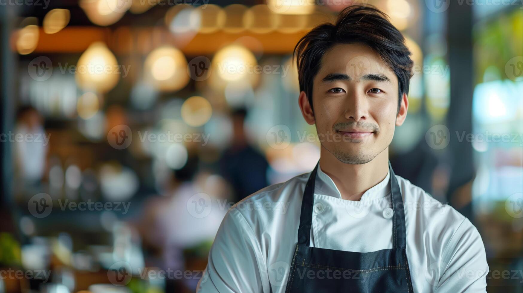 ai generado confidente asiático masculino cocinero sonriente en un restaurante cocina con calentar ambiente Encendiendo, retratar profesionalismo y hospitalidad foto