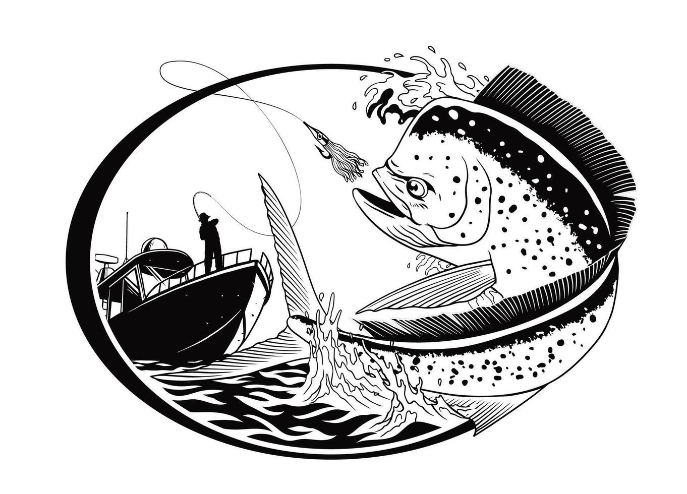 pescador atrapando Mahi mahi pescado ilustración negro y blanco vector