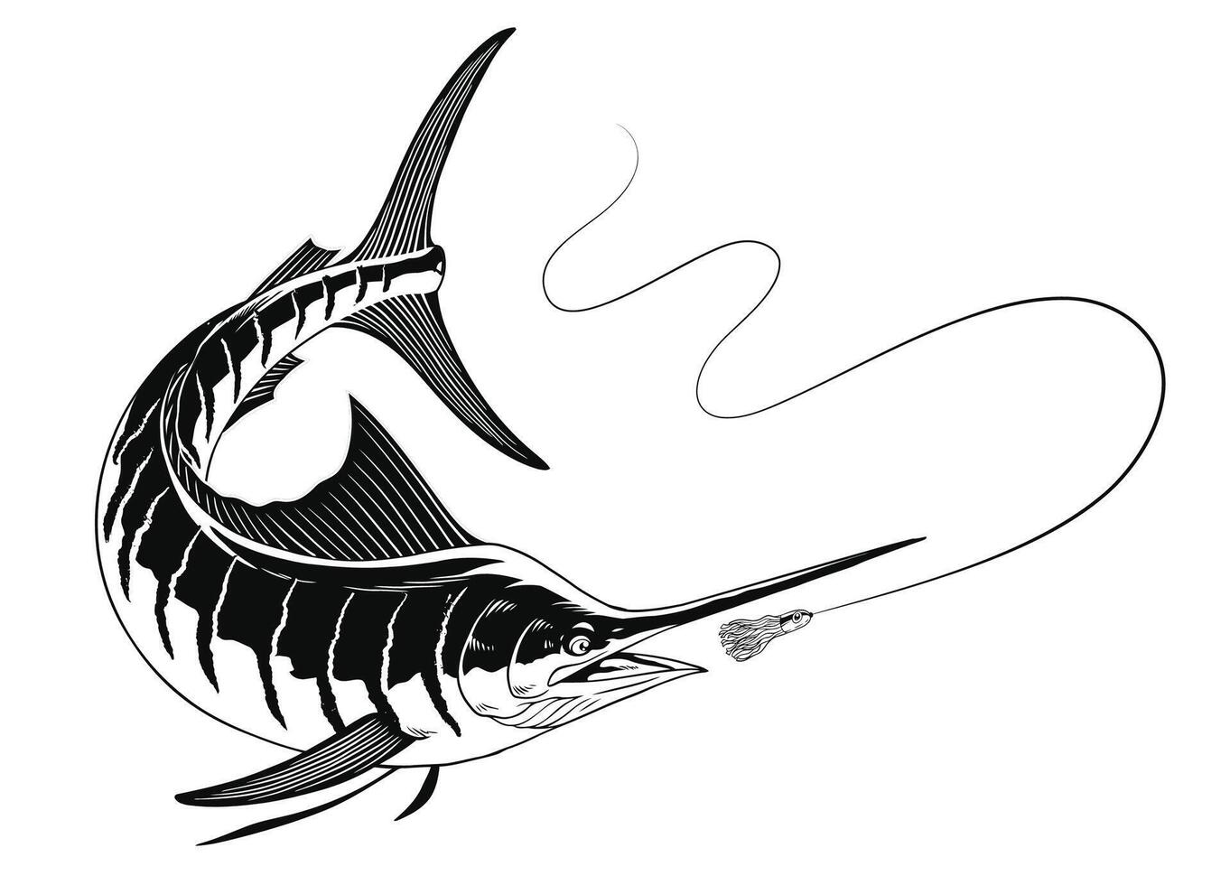 Marlin Fish Catching Fishing Lure Illustration Black and White vector