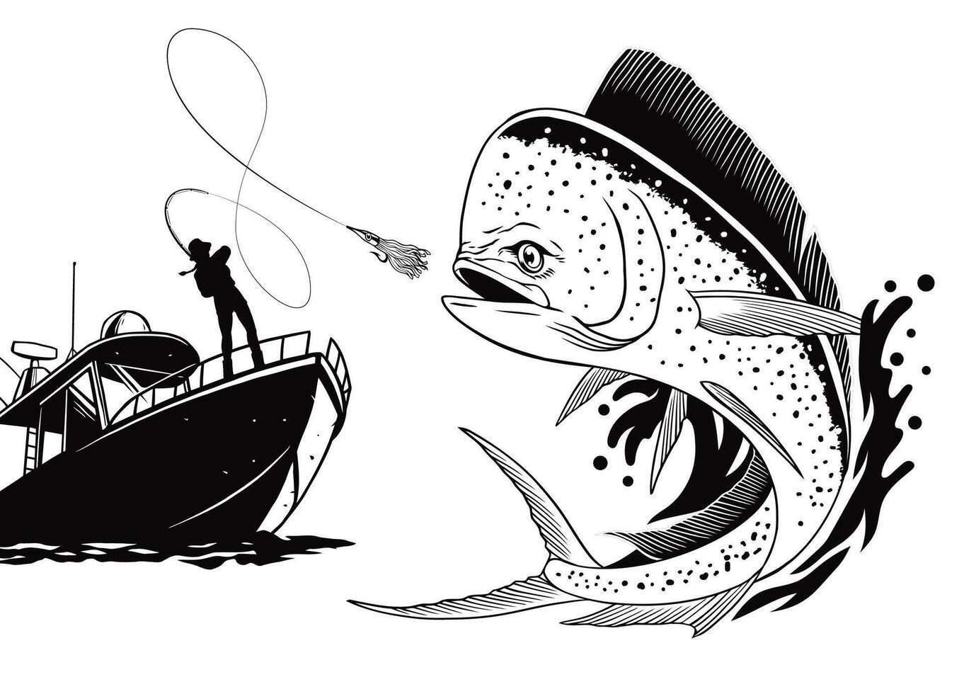 Fisherman Catching Dorado Fish Illustration Vintage Style vector