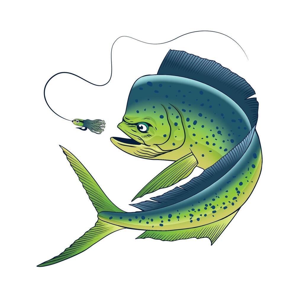 Mahi mahi pescado atrapando pescar señuelo mano dibujado ilustración vector