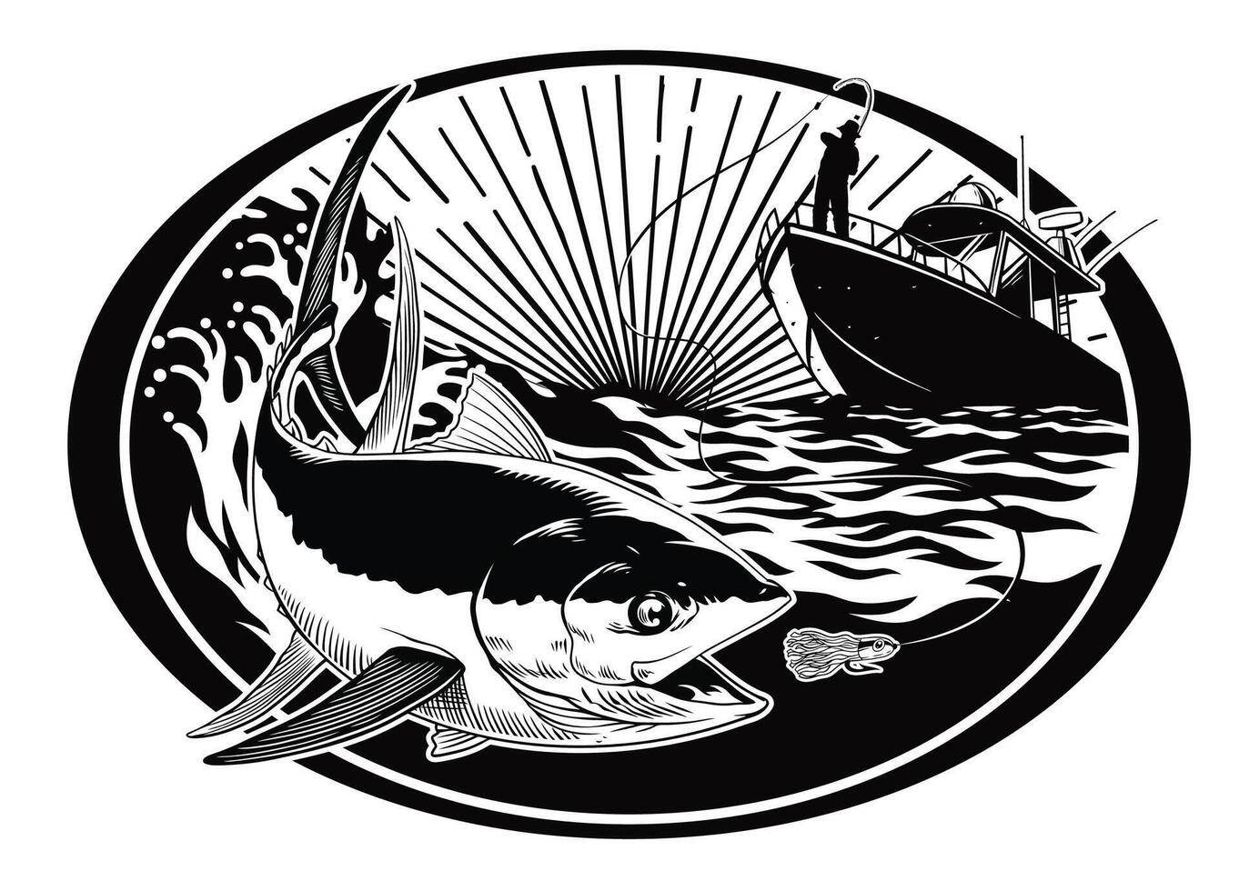 Fisherman Catching Tuna Fish Design Illustration Black and White vector