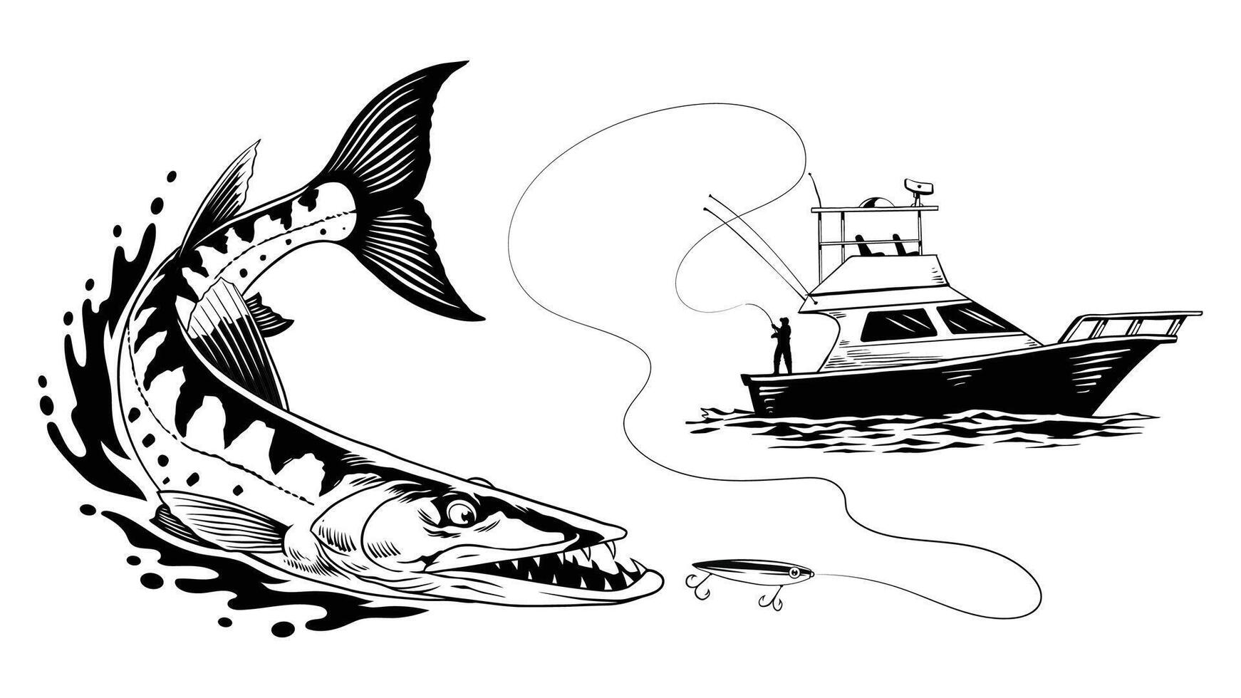 pescar barco atrapando barracuda pescado en negro y blanco vector