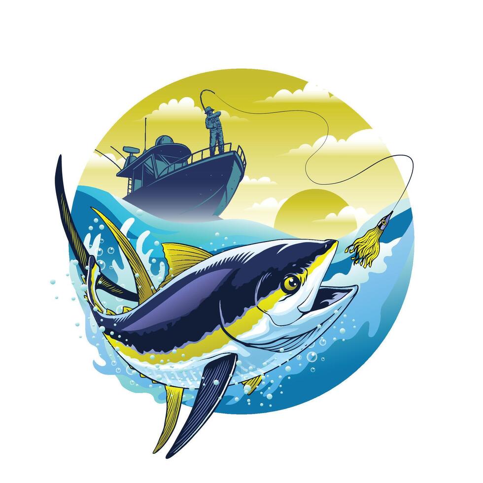 Fisherman Catching Yellowfin Tuna Fish vector