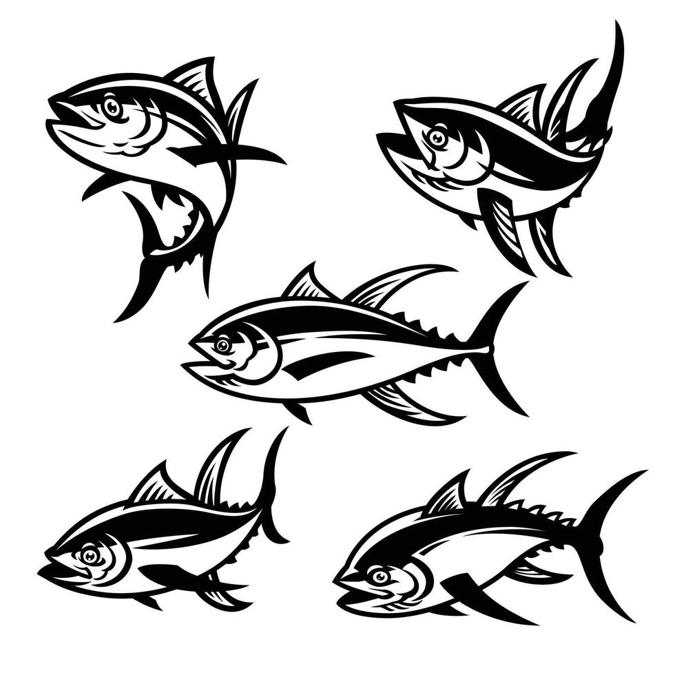 conjunto de atún pescado mascota dibujos animados negro y blanco vector