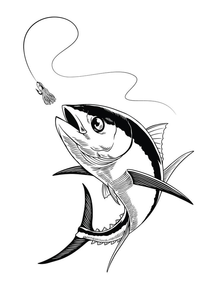 Tuna Fish Catching the Bait in Engraving Style vector