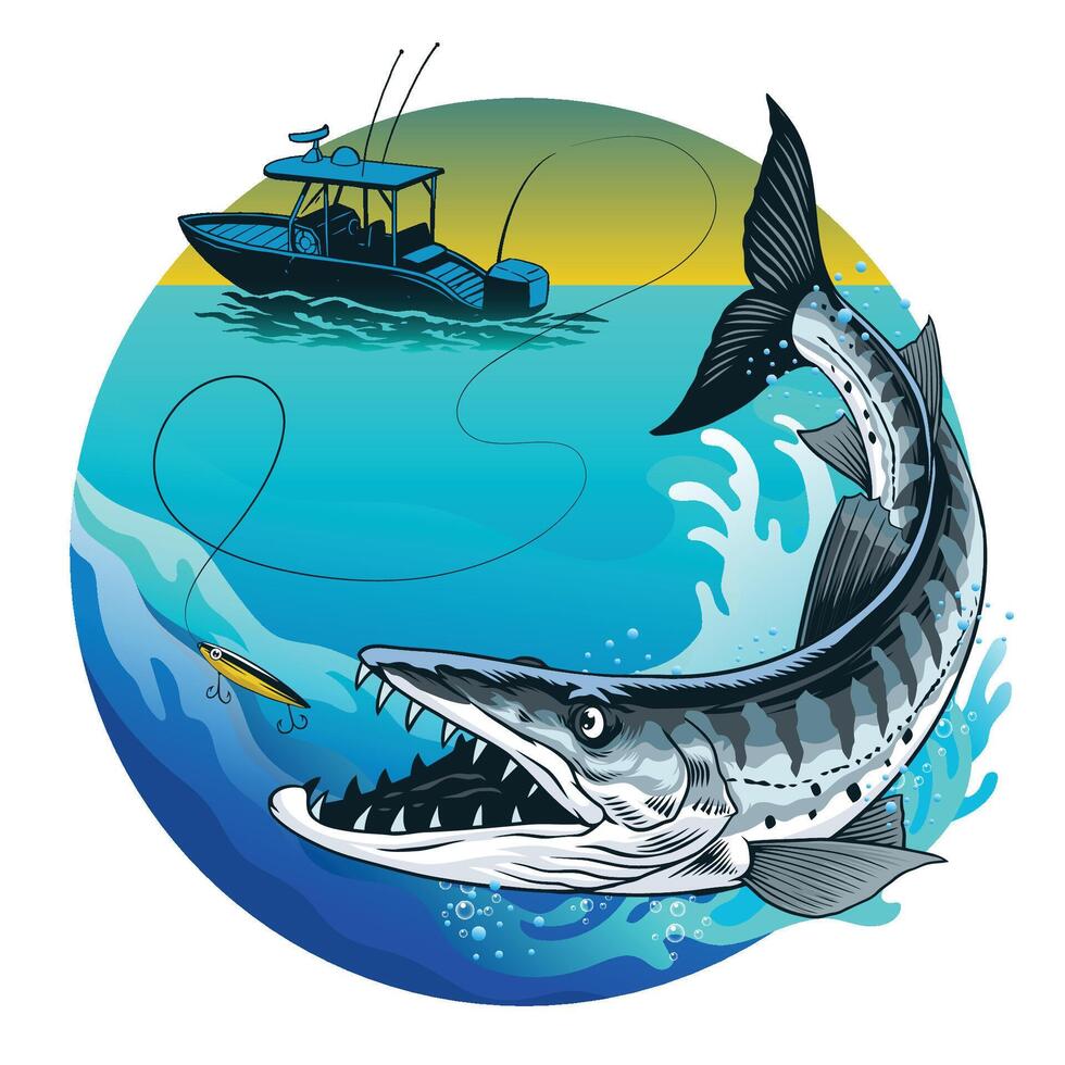 Fishing Boat Catching Barracuda Fish in Vintage Style vector