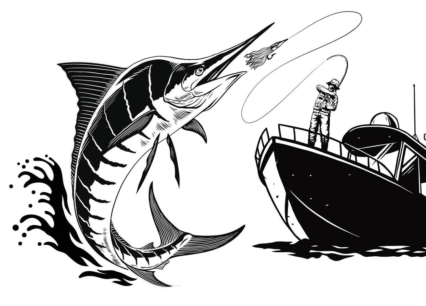 pescador atrapando aguja pescado ilustración en negro y blanco vector