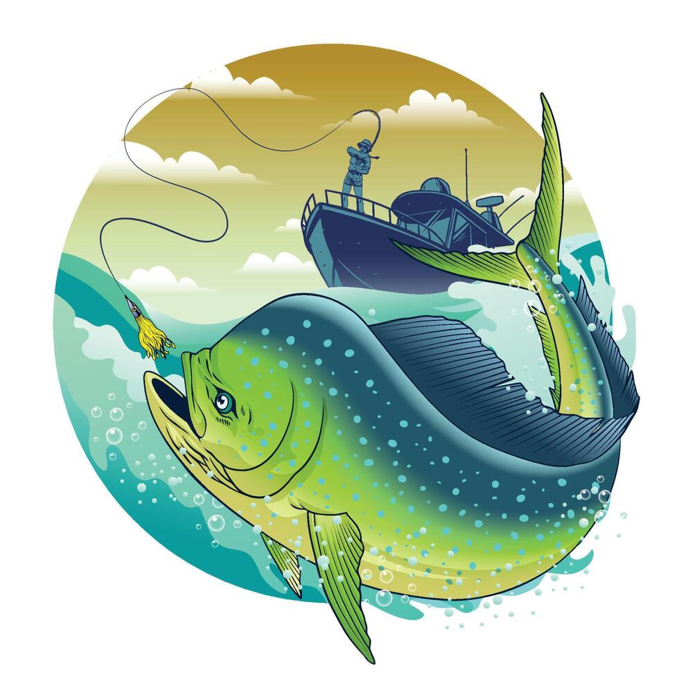 Fisherman Catching Dorado Fish in the Middle of the Sea vector