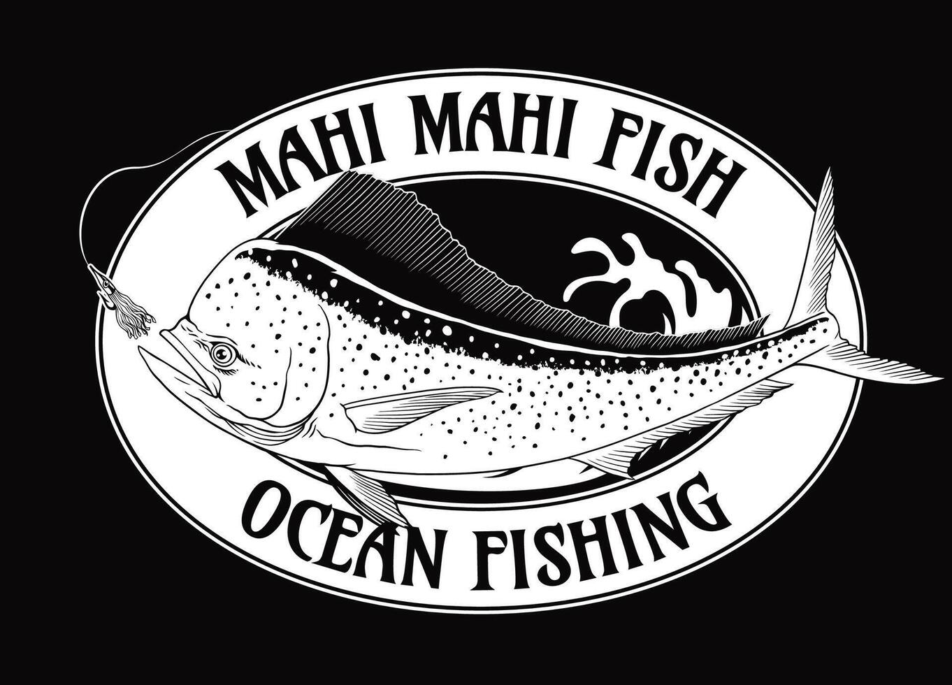 camisa diseño de mahi mahi pescado ilustración en negro y blanco vector