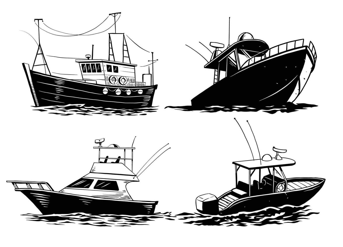 mano dibujado conjunto de pescar barco ilustración en el mar vector