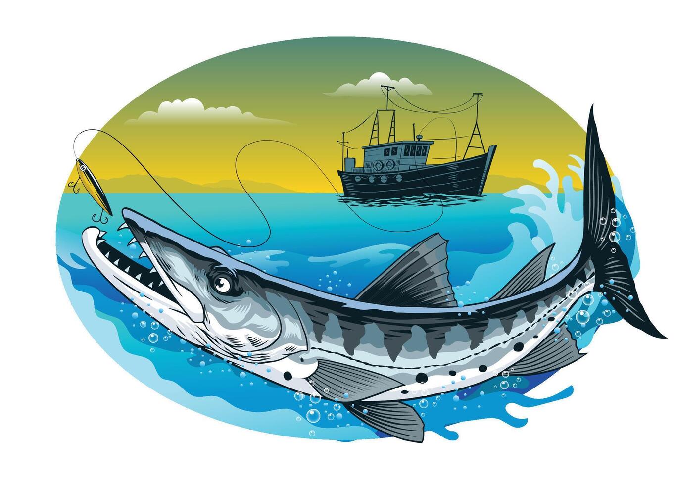 Fishing Boat Catching Barracuda Fish in Vintage Style Full Colored vector