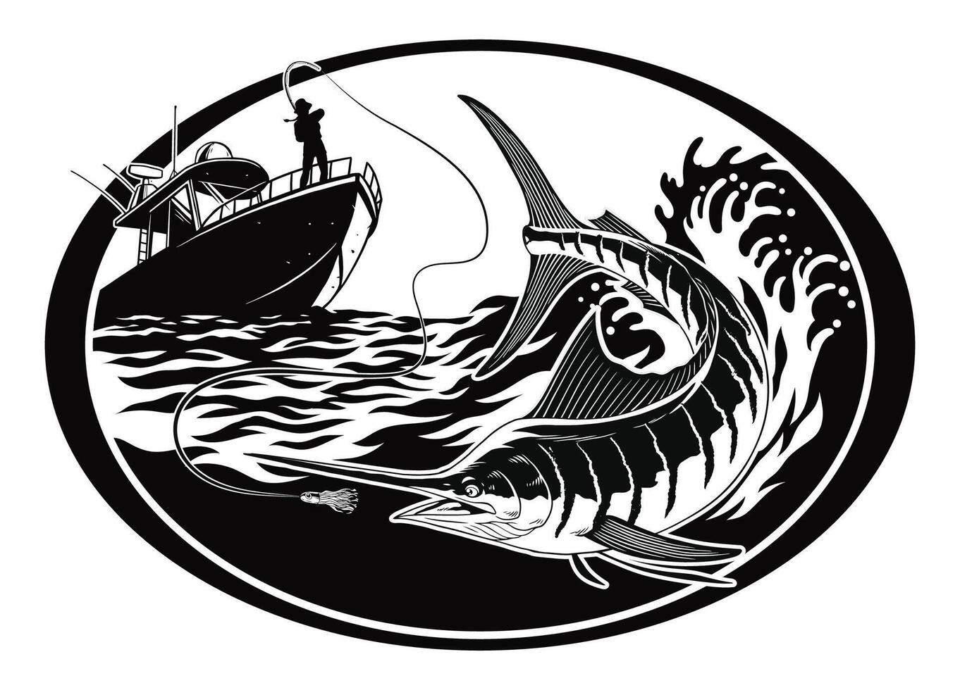 Fisherman Catching the Marlin Fish in Hand Drawn Illustration vector