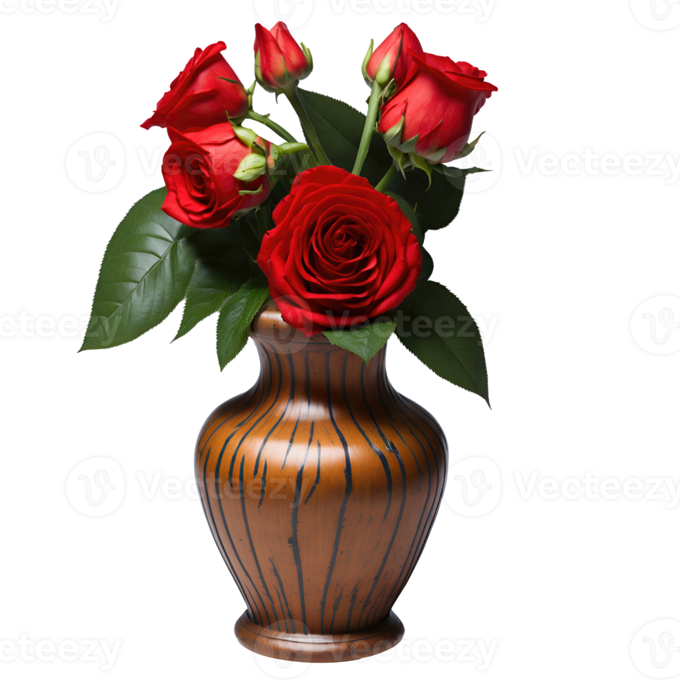 AI generated Rose flowers in a wooden vase isolated on transparent background png