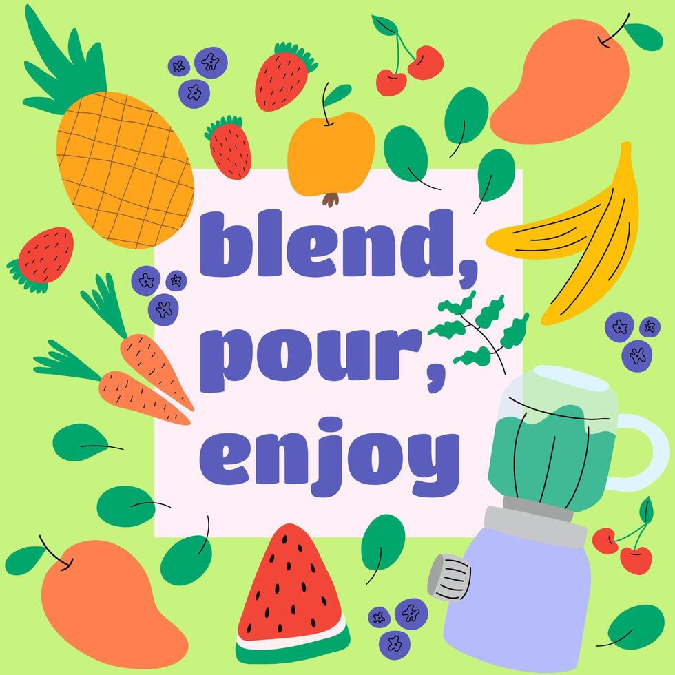 Vector lettering Blend your way to health. Quote inscription with blender, fruit and vegetables. Healthy food.