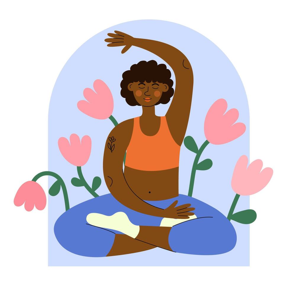 oscuro piel mujer haciendo yoga ejercicios. internacional yoga día. nacional yoga día volantes, póster vector