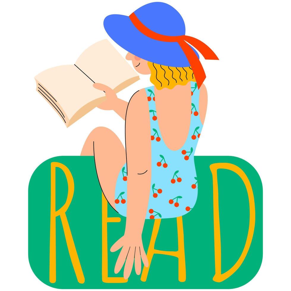 un mujer en un traje de baño y sombrero es leyendo un libro. leer libros amante. relajante hora a lectura. vector