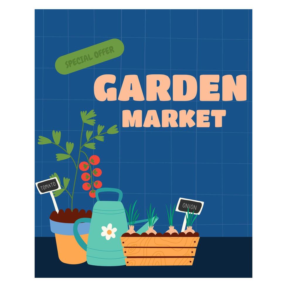 jardín mercado con Fresco tomate y cebolla póster. jardín mercado especial oferta volantes. vector