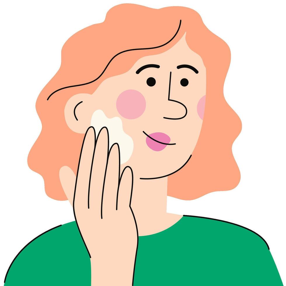 A woman applies moisturizer or sunscreen cream  to her face. Skincare routine. Beauty treatment. vector
