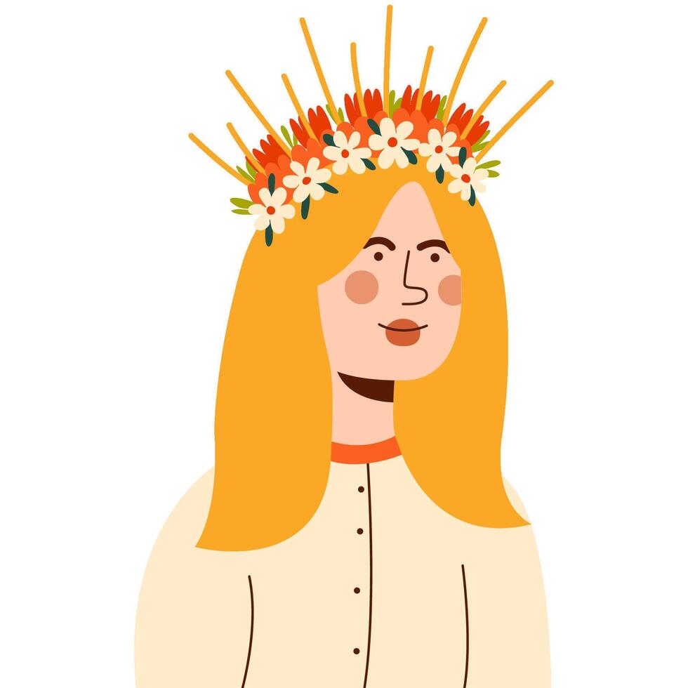 Woman with flowers wreath. Summer Solstice. Used for greeting card, and poster design. vector