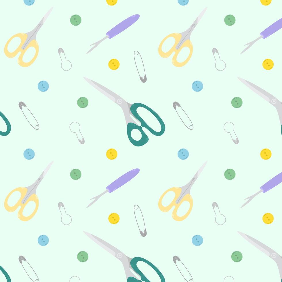 Seamless pattern with needlework sewing tools. Pattern with  scissors,buttons, pin. vector