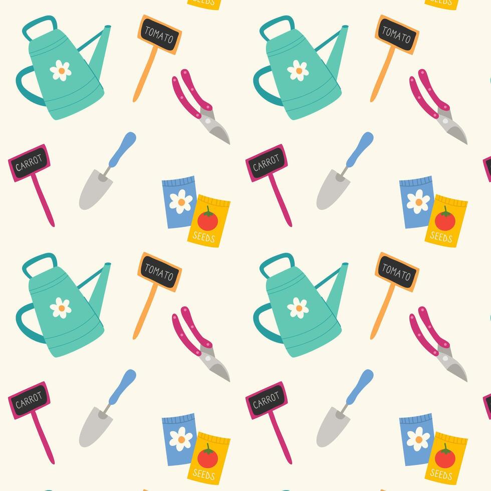 Gardening tools seamless pattern with seeds, watering can, shovel,secateurs. Hand drawn vector flat pattern.