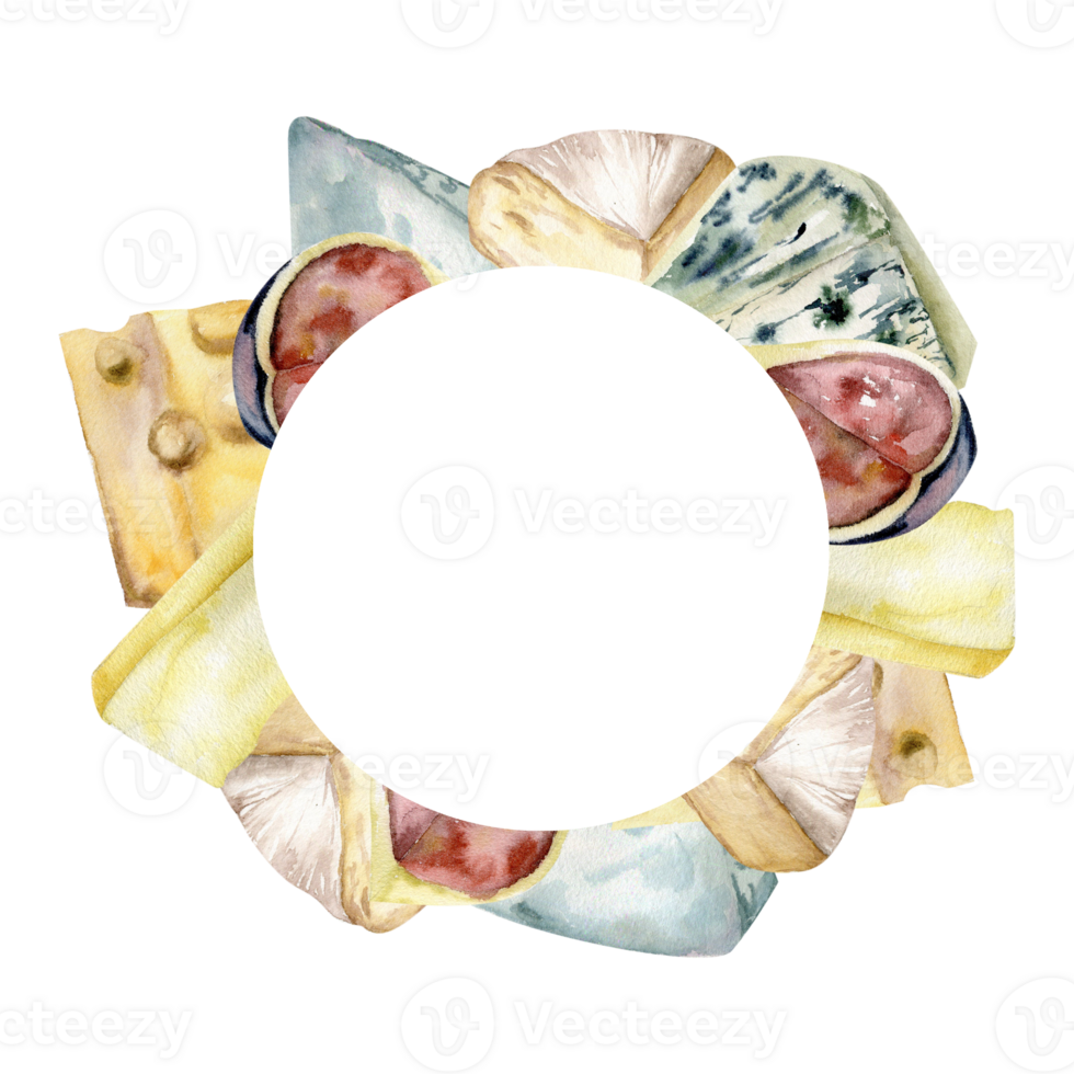 Cheese plate watercolor round frame. Hand drawn food illustration with brie, camembert, white cheese, cheddar and figs fruits for product packing, menu, restaurant design. Banner png