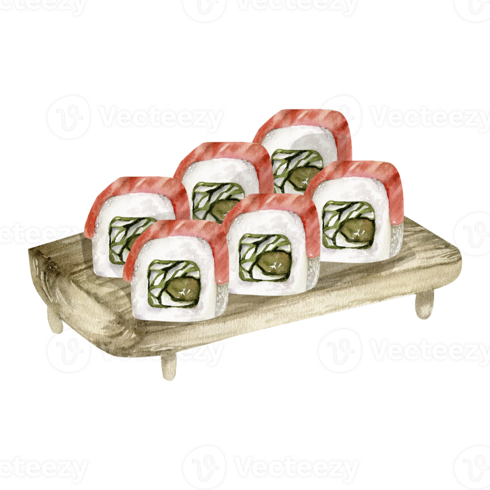 Watercolor japanese sushi with fresh salmon , avocado and cream on wooden plate. Hand drawn sea food illustration for restaurant, bar, cafe, menu design png