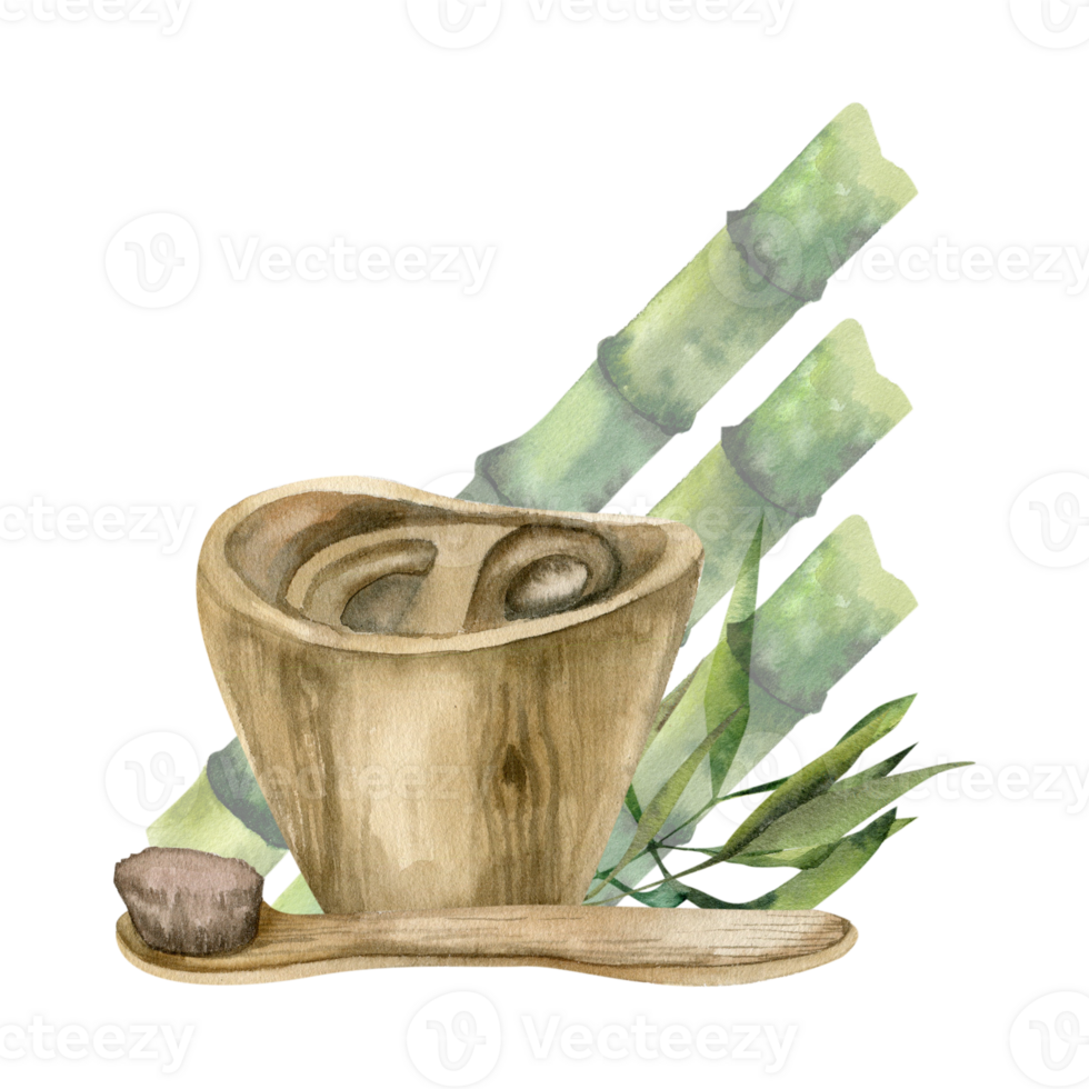 Body care composition with bamboo toothbrush, wooden brush cup and green fresh bamboo sticks on background. Watercolor body care zero waste clip art. Bathroom design. Product, packing design png