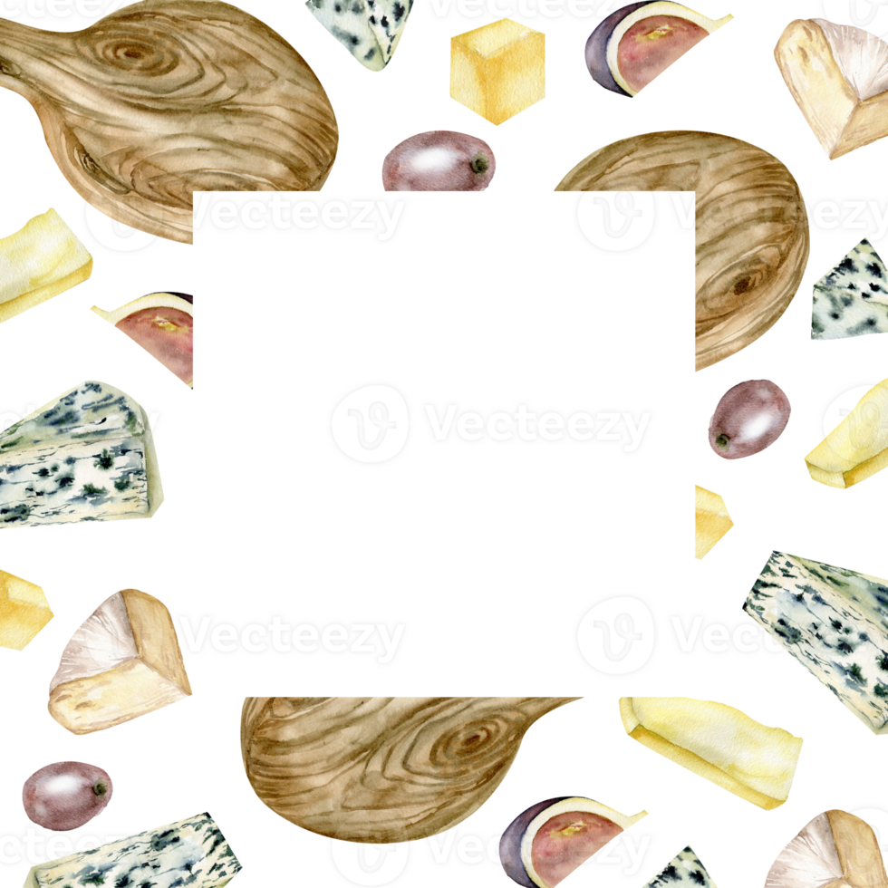 Käse Teller Aquarell Platz rahmen. Hand gezeichnet Essen Illustration mit Brie, Camembert, Weiß Käse, Cheddar und Feigen Früchte zum Produkt Verpackung, Speisekarte, Restaurant Design png