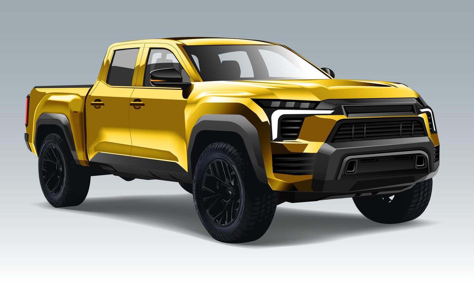 Realistic 3D vector yellow pickup four doors black wheels on blue background Illustration
