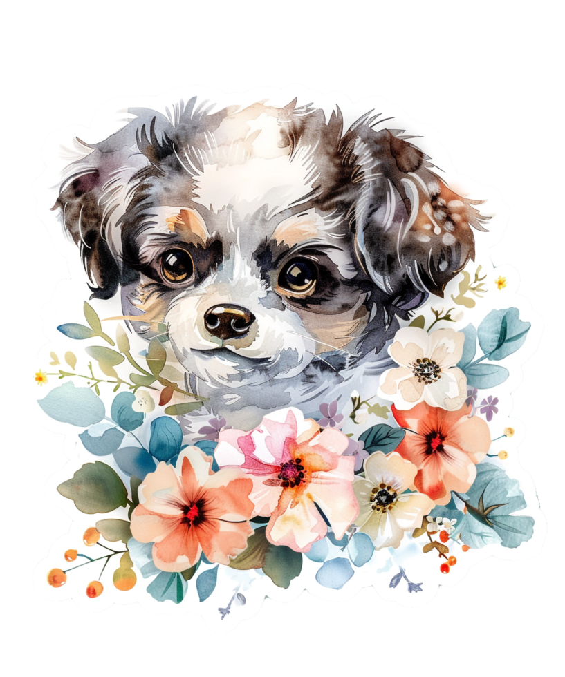 AI generated Floral puppy dog watercolor illustration png