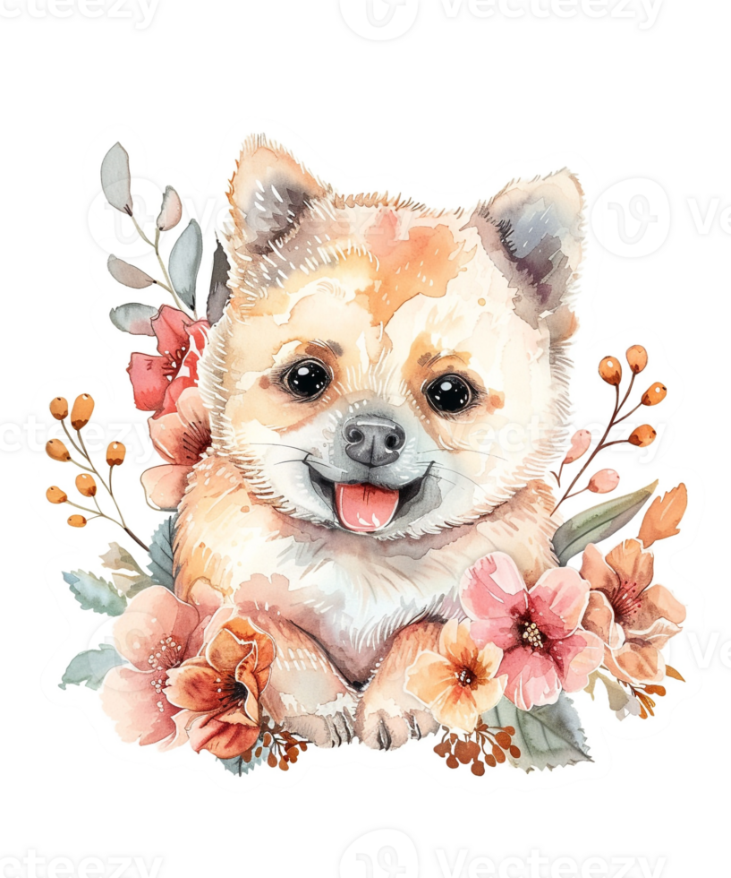 AI generated Floral puppy dog watercolor illustration png
