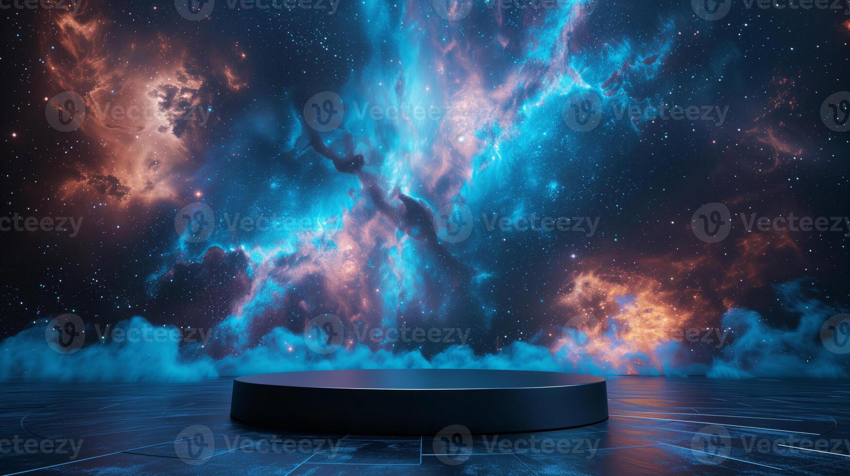 AI generated empty black glossy podium on blue orange star galaxy background with smoke on the floor for product display presentation photo