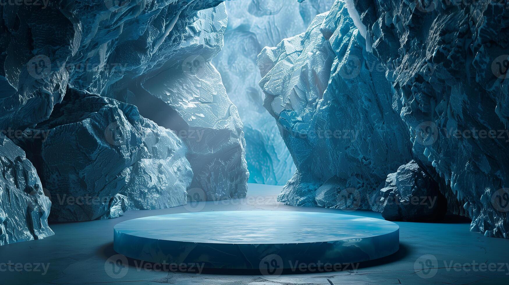AI generated empty blue ice podium on ice cave background with fog for product presentation photo