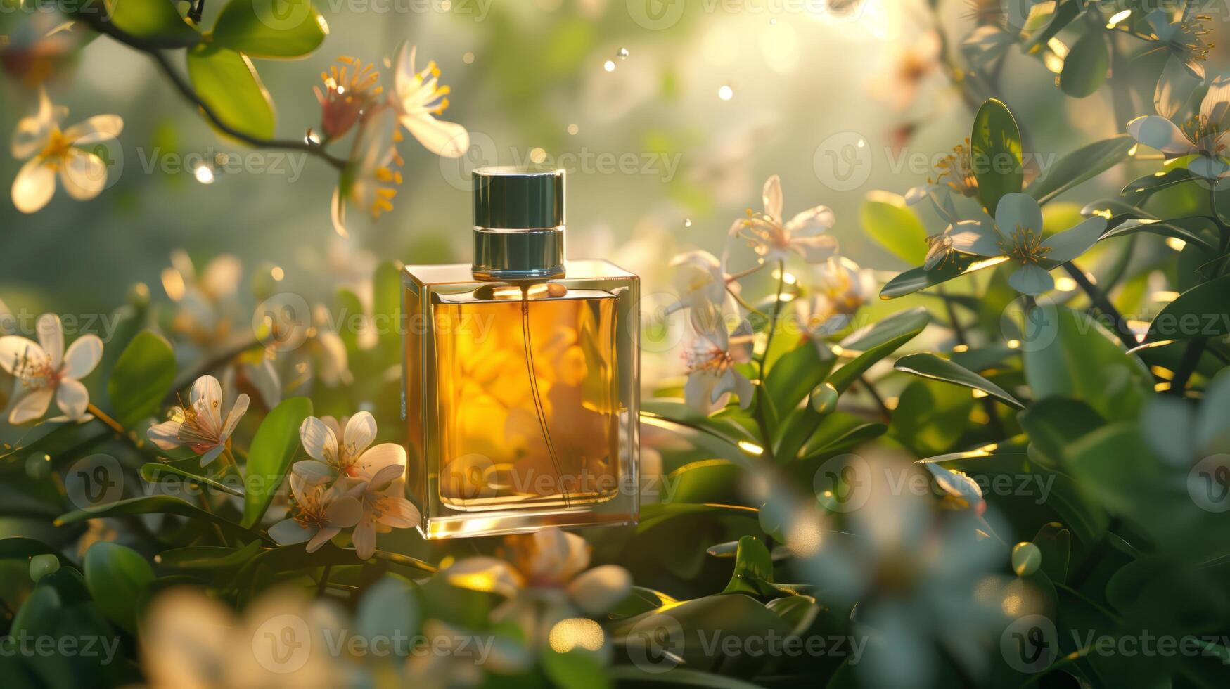 AI generated A luxury glass perfume bottle on flowers garden with morning light background, a wide banner with copy space area photo