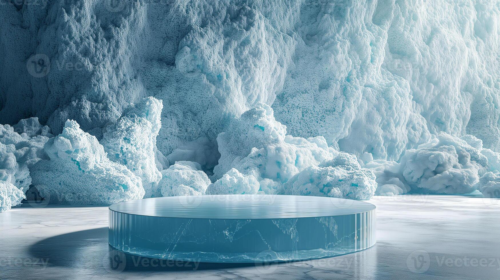 AI generated Empty blue ice podium on ice mountain background for product presentation photo