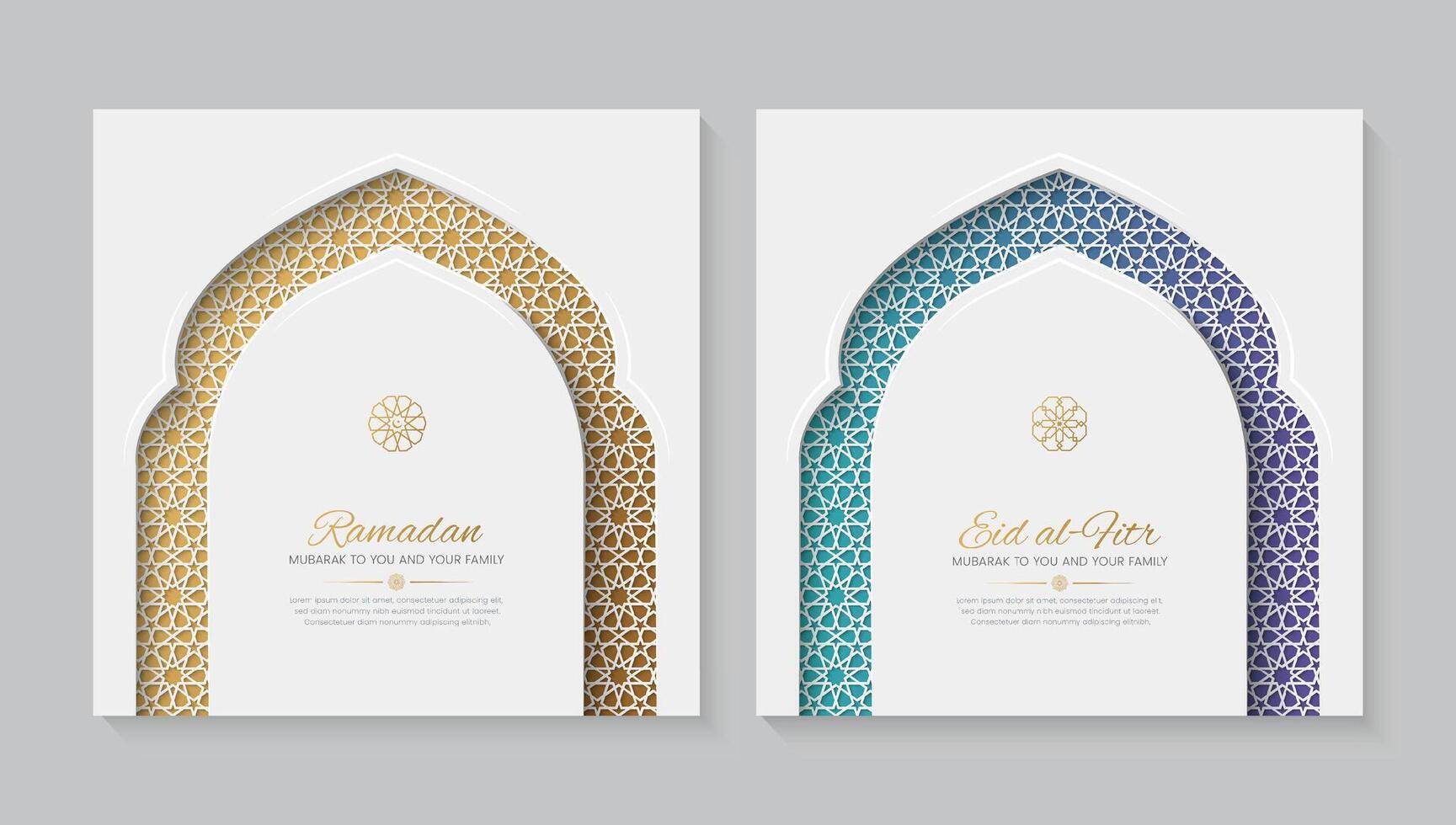 Ramadán y eid blanco ornamental saludo tarjetas con islámico modelo y decorativo arco marco vector