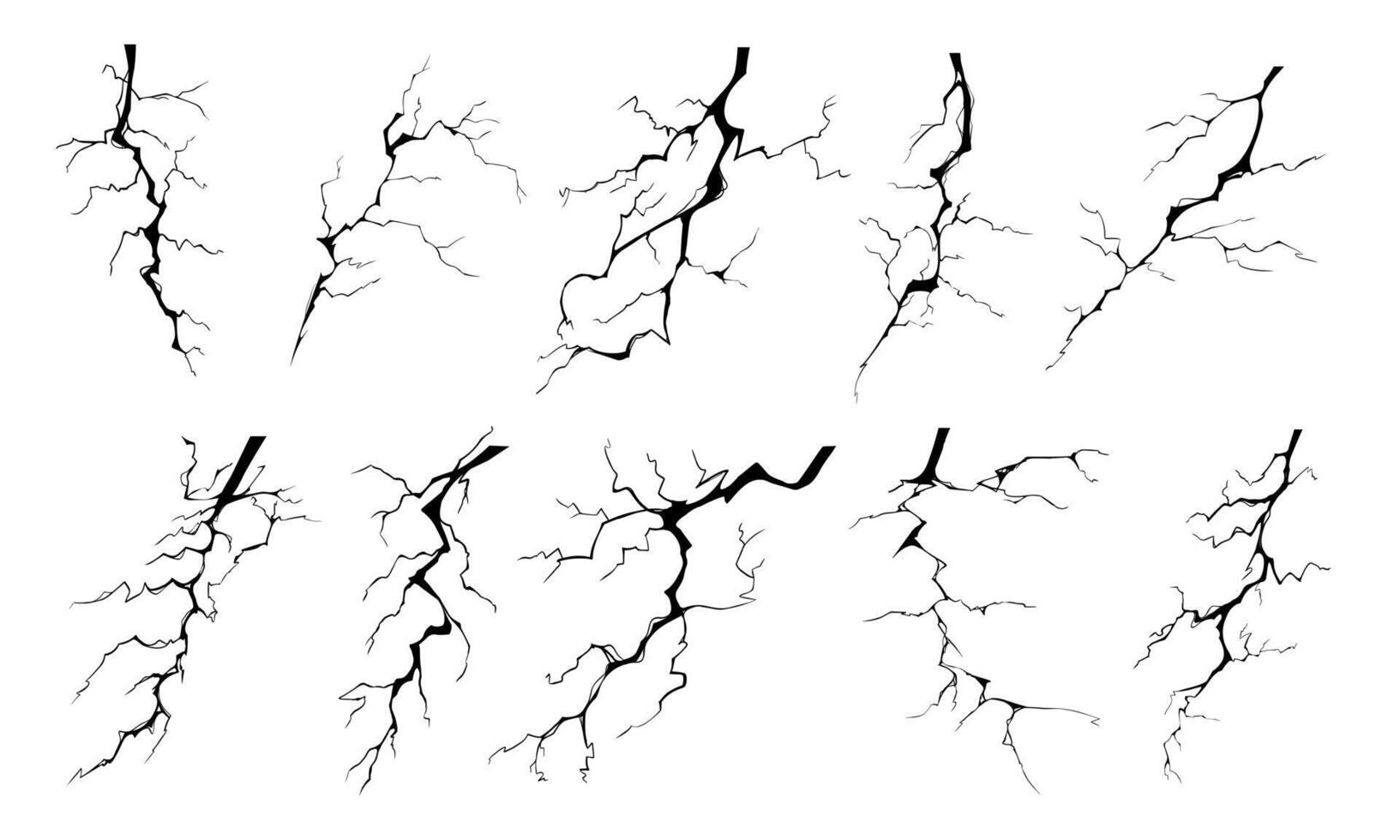 Lightning strike bolt silhouettes vector illustration set.