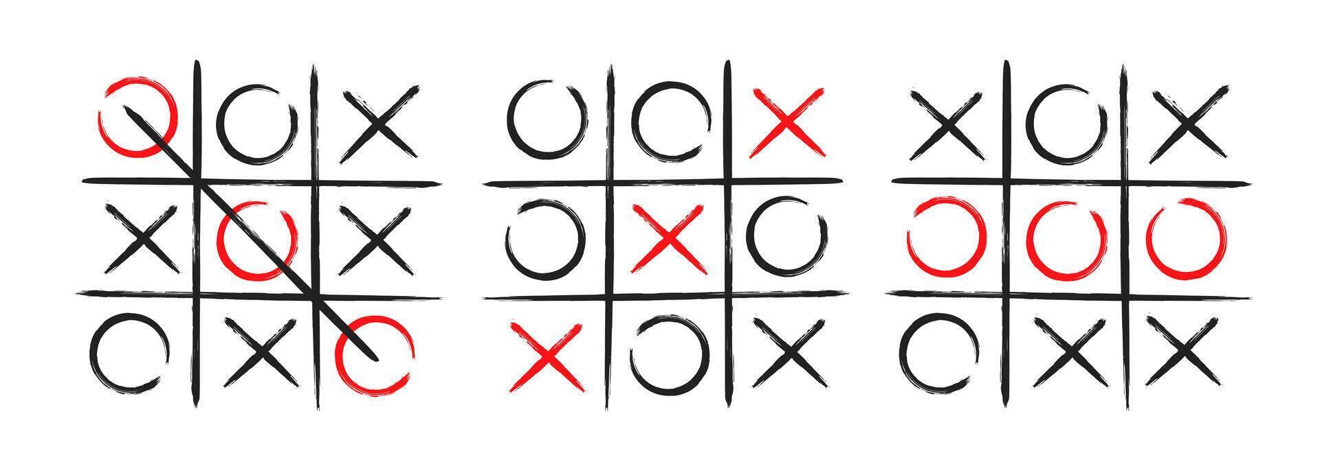Tic tac toe xo game hand drawn grid doodle template vector illustration set isolated on white background