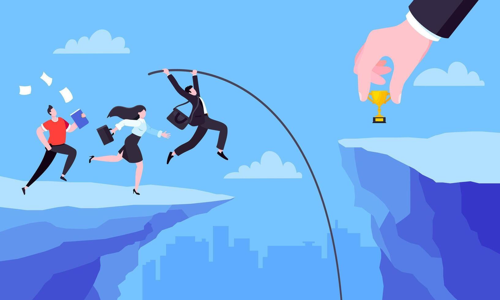 Business people jumps pole vault over abyss flat style design vector illustration