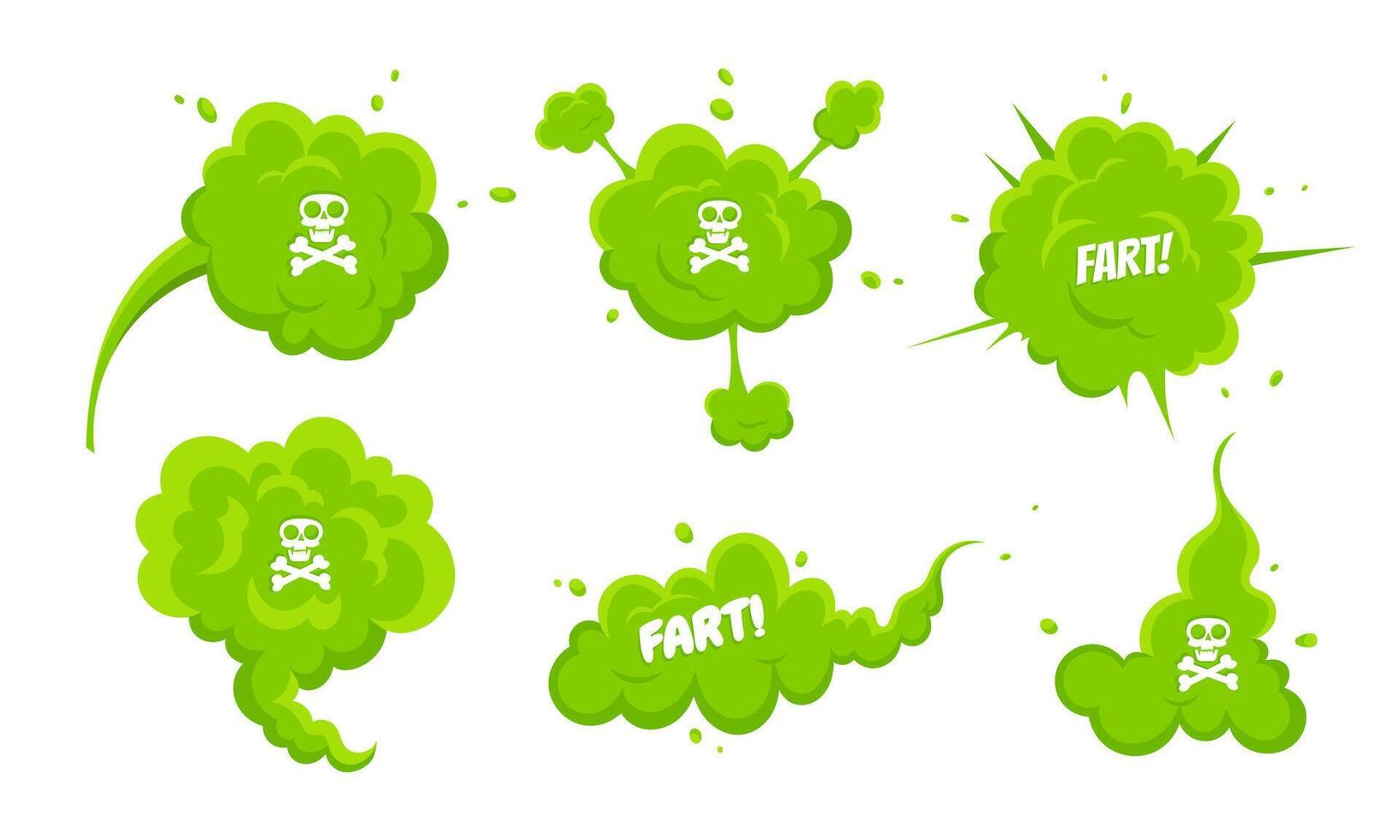 Smelling green cartoon smoke or fart clouds flat style design vector illustration set. Bad stink or toxic aroma cartoon smoke cloud isolated on white background.