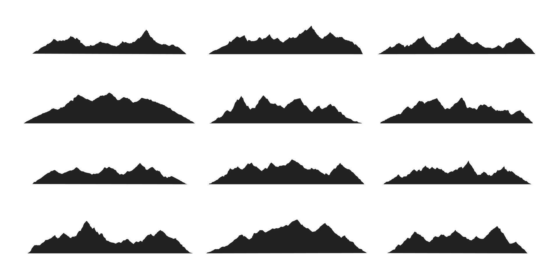 Mountain ridges peak silhouettes flat style design vector illustration set isolated on white background. Rocky mountains peaks with various ranges outdoor nature landscape background design elements.