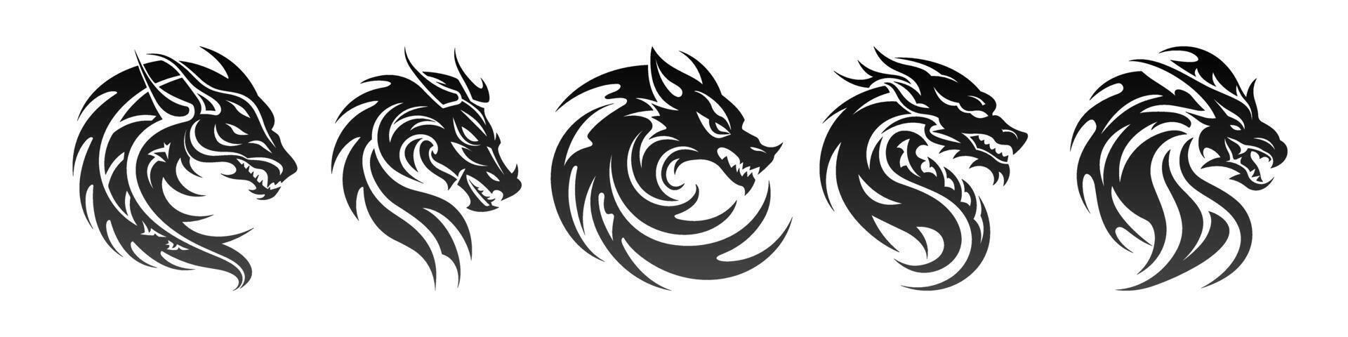 Tribal tattoo of the dragon head silhouette ornament flat style design vector illustration set