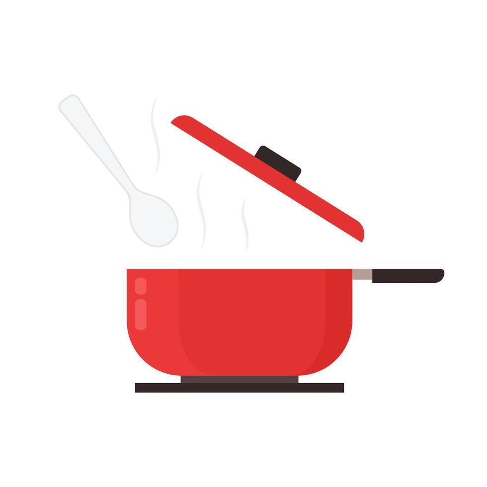 Hot pot cartoon vector. Boiling water in pan. Red cooking pot on stove with water and steam. vector