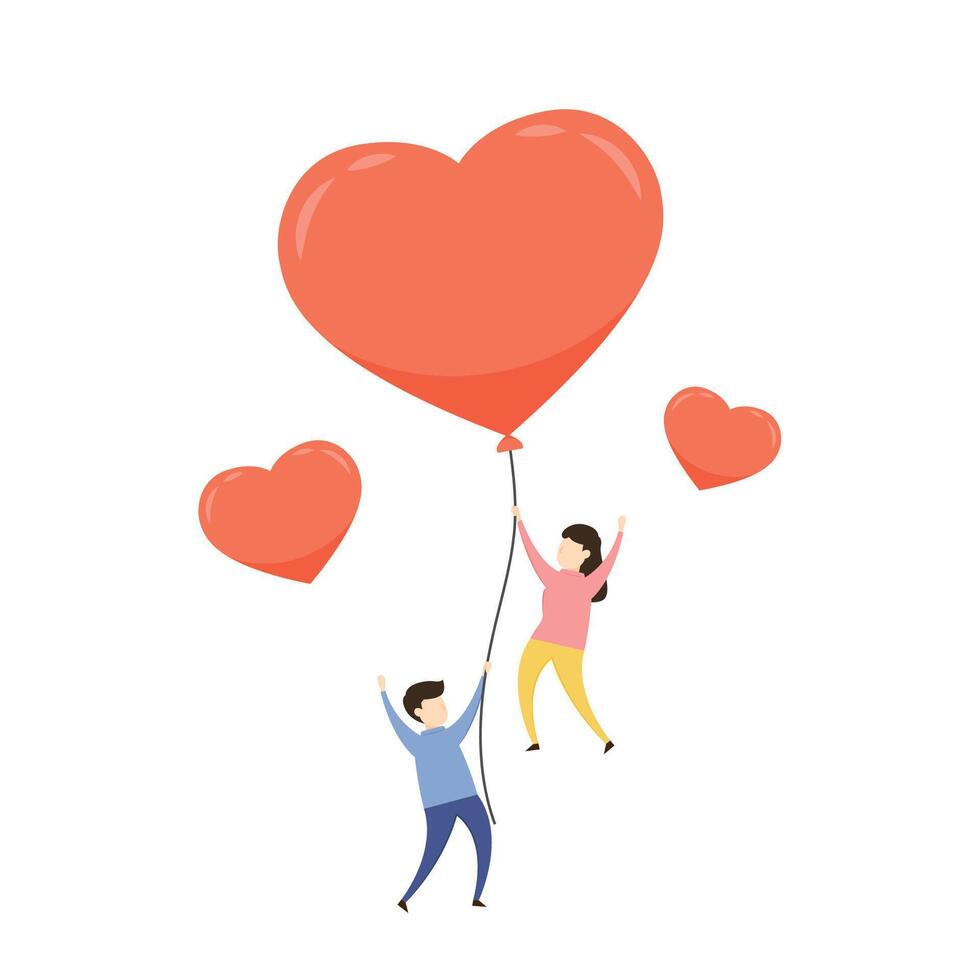 San Valentín día póster. Pareja con globo corazón. vector ilustración en dibujos animados estilo.