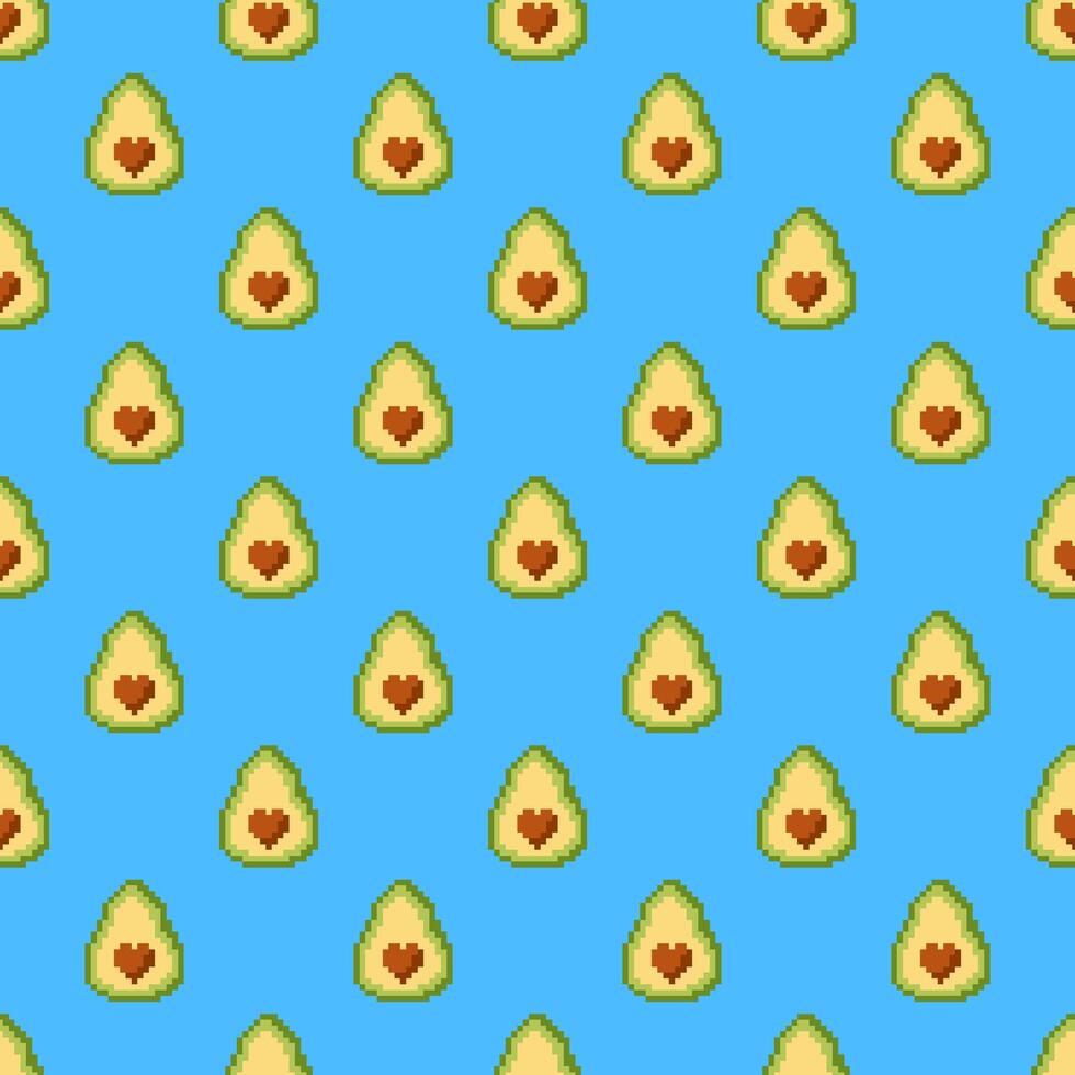 Pixel Avocado with Seed Heart Seamless Pattern on Blue background vector illustration