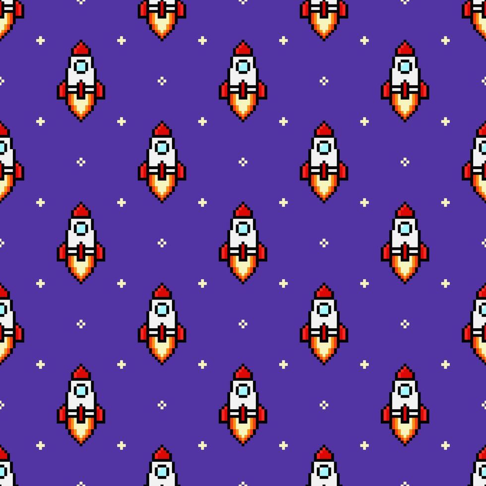 Pixel Rocket in Space with Stars Seamless Pattern vector illustration
