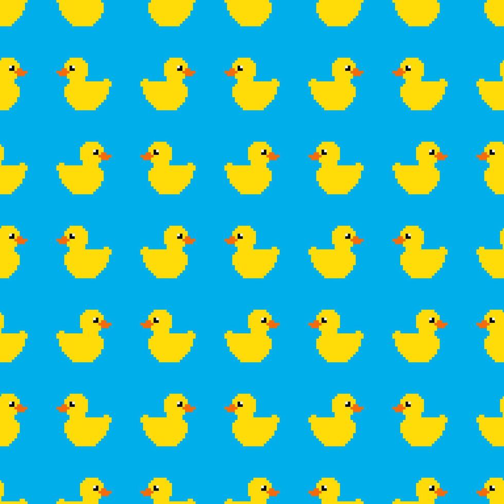 Pixel Yellow Rubber Duck on Blue Background Seamless Pattern vector illustration